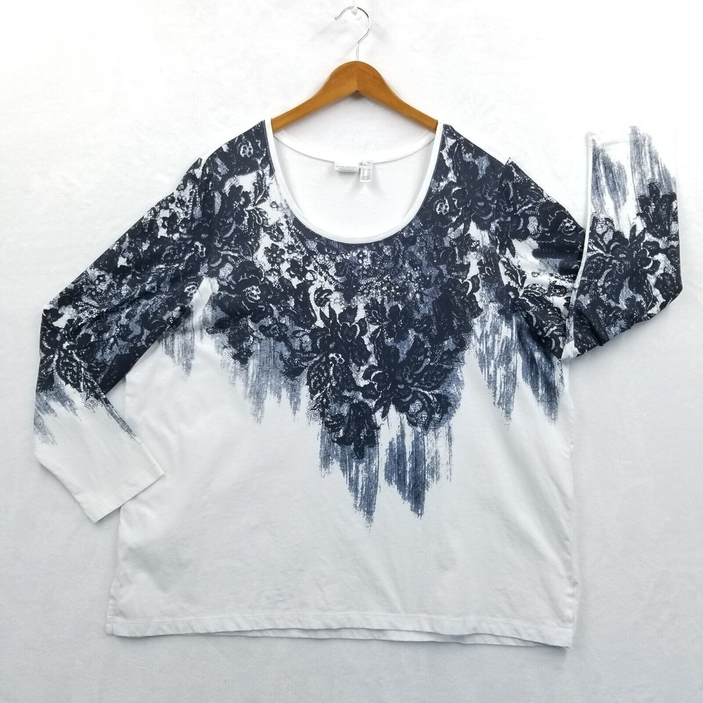 Ulla Popken Top Women 20/22 White Blue 100% Cotton Embellished Long Sleeve Shirt